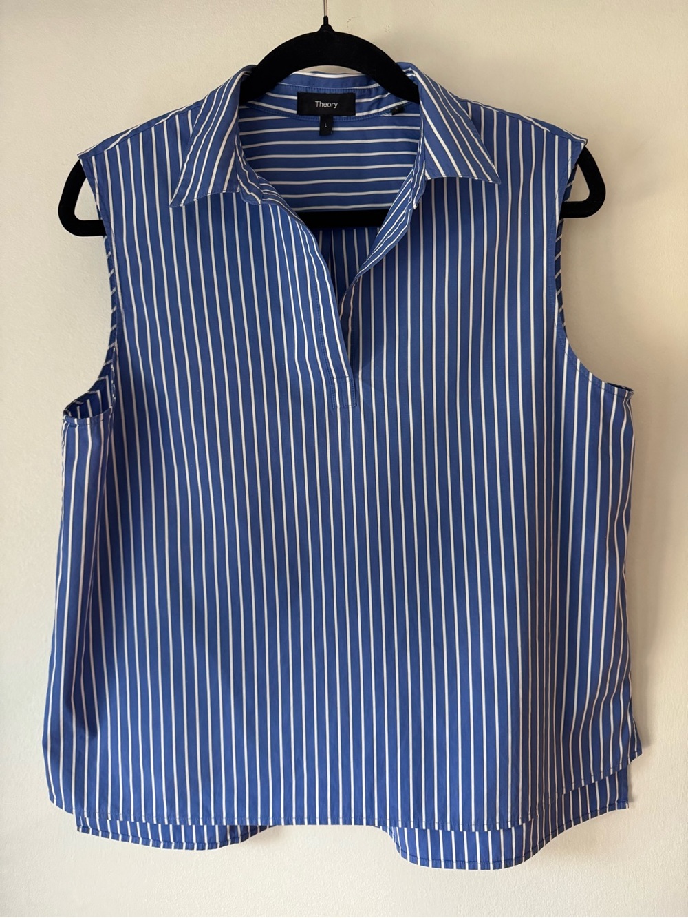 Theory Blue and White Striped Sleeveless Collared Blouse